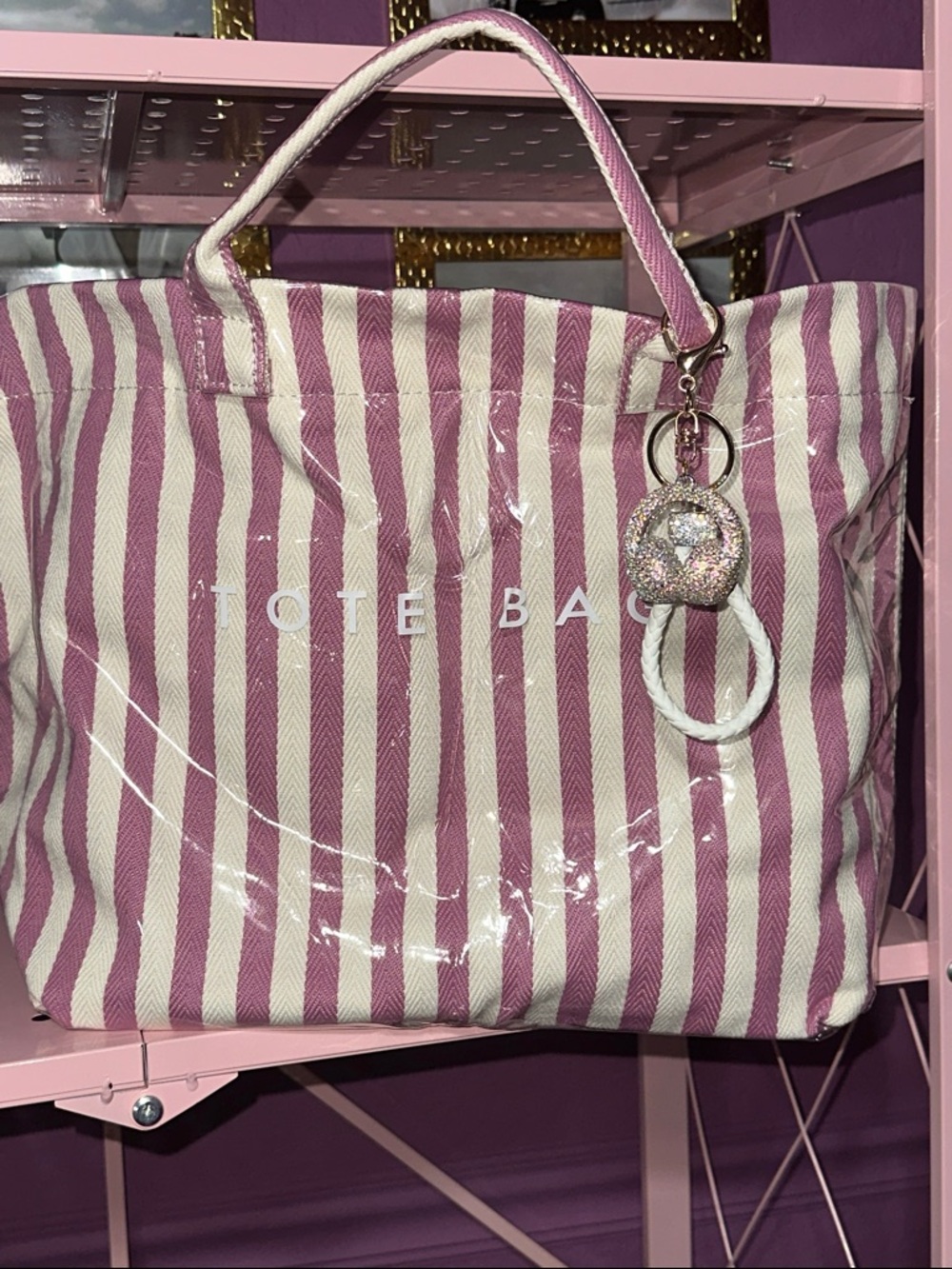 Pink and White Striped Tote Bag with Crystal Charm